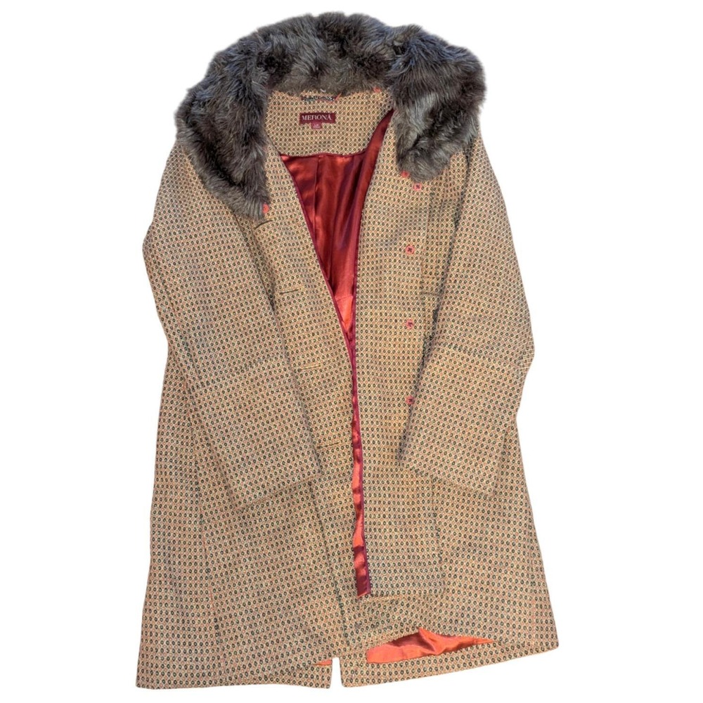 Merona Beige Patterned Coat with Faux Fur Collar and Red Lining